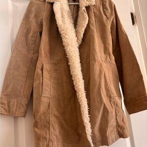 Forever 21 Tan Faux-Suede Trench Coat with Cream Sherpa Trim